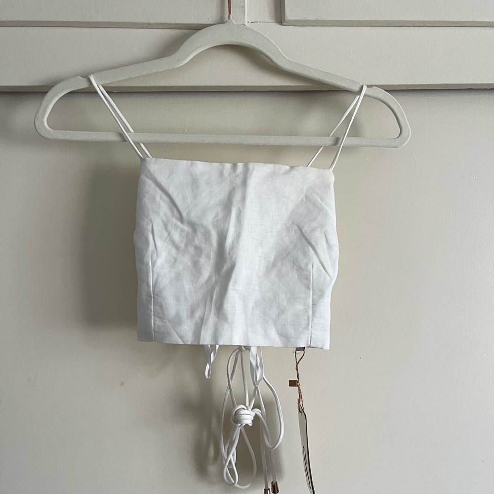 (S) SABOSKIRT LINEN WHITE CROP TOP SELF TIE